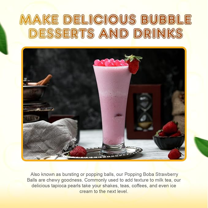 Fanale Strawberry Popping Boba Pearls, Vegan, Non GMO, Gluten Free, Fat Free, Perfect for Bubble Tea, Smoothies, Ice Cream, Desserts, and Beverages.