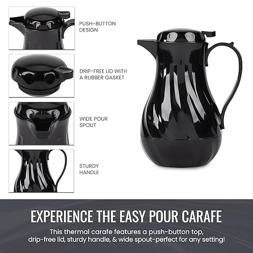 OCS Parts Easy Pour Thermal Coffee Carafe | 10-Inch Insulated Hot and Cold Beverage Pitcher Server for Coffee, Tea, Hot Chocolate and Water with Colored Tags for Easy Idenfication | 42-Ounce | Black