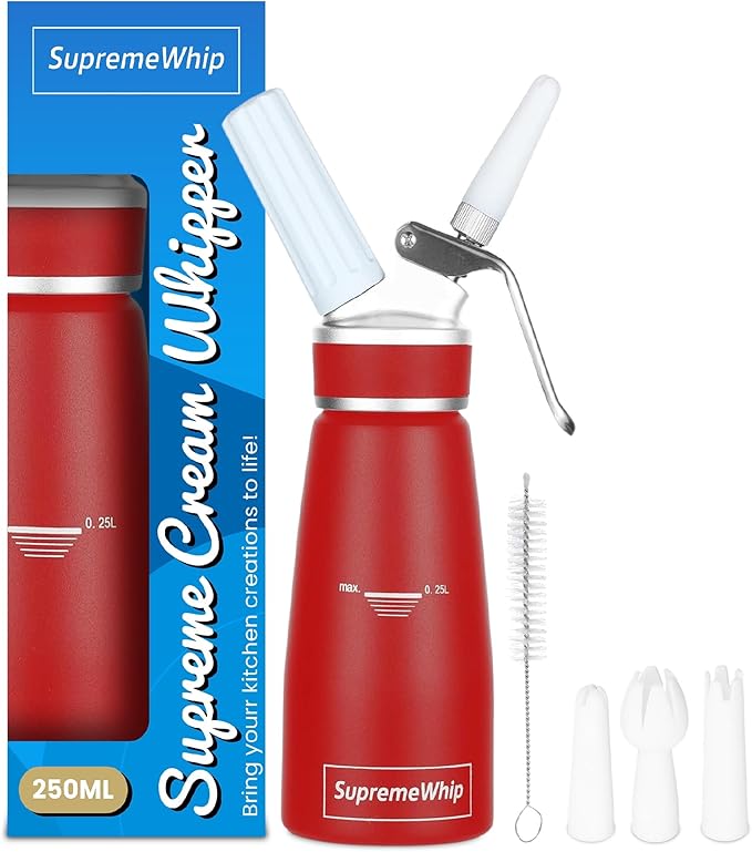 PRO Cream Dispenser, Durable High-Grip, Metal Lid with Rubber, 3 Nozzles, for Hot/Cold Use, Cleaning Brush Included, Red - 250 ml / 1 Pint