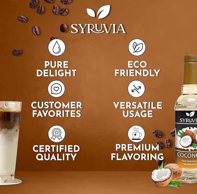 Syruvia Coconut Coffee Syrup – 25.4 fl oz – Syrup for Coffee, Lattes, Shakes, Smoothies, Desserts – 100% Vegan, Gluten Free, Kosher (Pack of 2)