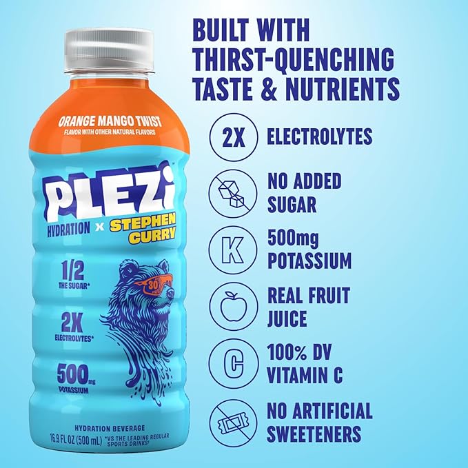 PLEZi Orange Mango Twist Hydration Drink x Stephen Curry - Sports Drinks with 2X Electrolytes - 500mg Potassium, Low Sugar, No Added Sugar - For Kids & Adults - 16.9 Fl Oz (12 Pack)