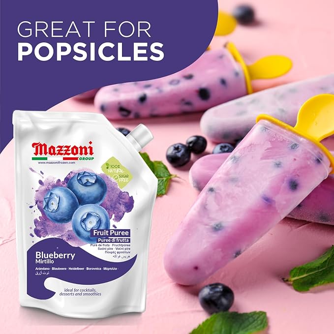 Mazzoni Blueberry Puree, 100% Pure Blueberries, Just Fruit, No Sugar Added, 2.2 lbs (35.2 oz) RMixer for Cocktails, Drinks, Smoothies. Convenient Pouch, Made in Italy
