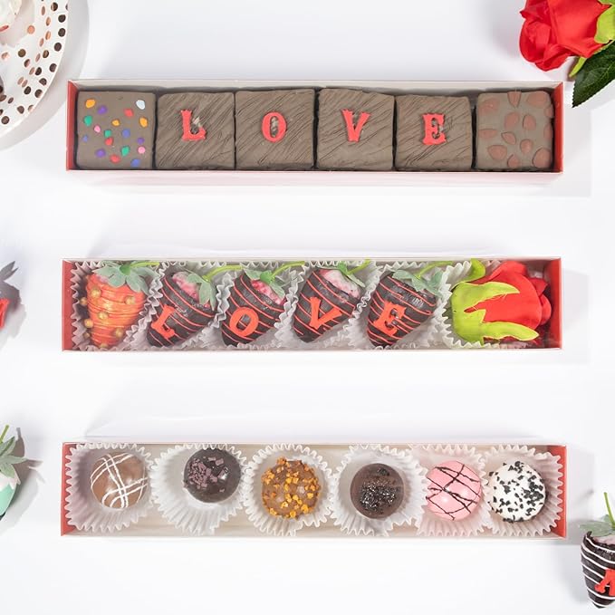 50Pack 12x2¼x2 Inch Chocolate Covered Strawberry Boxes for 6 Macaron boxes Chocolate Truffle Boxes Cookie boxes Bakery Boxes with Clear Window Washi Tape Boxes