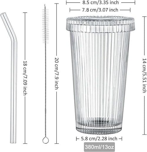 13oz Clear Iced Coffee Cups with Lids, Clear Glass Tumbler with Straw & Lid, Ribbed Glassware Cups, Dishwasher Safe Drinking Glasses, Stylish Glass Cups for Coffee, Juice, Tea, Matcha