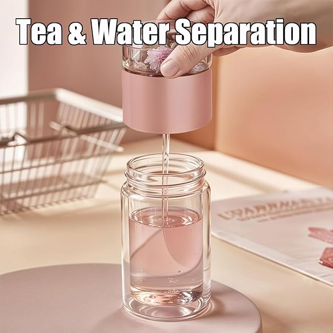 Tryteava Glass Infuser, Tryteava 3-in-1 Smart Tea Infuser, Portable Glass Double Wall Tea Infusers Bottle, with Stainless Steel Filter, Hot & Cold Brew, For Loose Leaf, Office Home (Black, 420ml)