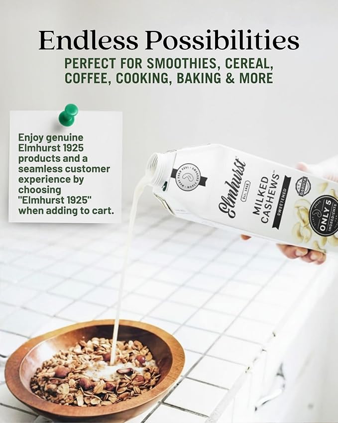 Elmhurst 1925 Sweetened Cashew Milk - 32 Ounce (Pack of 6) Dairy-Free, Vegan, Kosher, Gluten-Free, Shelf Stable Plant Based Milk Made with Water & Cashews for Healthier Coffee, Latte & Smoothies