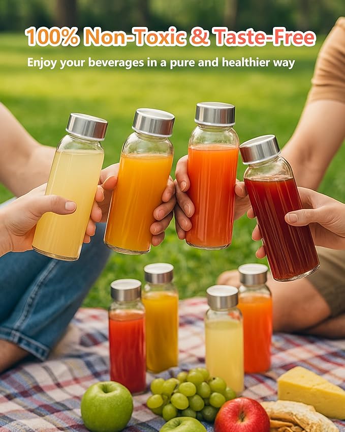 Zukro Glass Water Bottles with Lids 10 oz, Reusable Clear Juice Bottles With Stainless Steel Airtight Cap for Juicing, 100% Leak Proof Juice Drinking Jar for Ginger and Milk, BPA Free