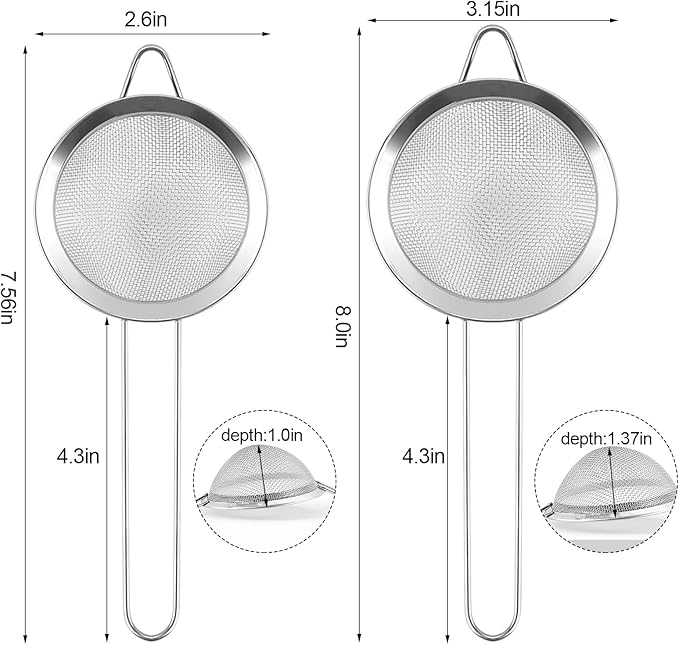 2 Pack Fine Mesh Strainer, Small Stainless Steel Sieves with Handles, for Steeping Loose Leaf Tea, Straining Cocktail, Juice and Sifting Flour, Powdered Sugar (2pcs)