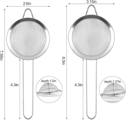 2 Pack Fine Mesh Strainer, Small Stainless Steel Sieves with Handles, for Steeping Loose Leaf Tea, Straining Cocktail, Juice and Sifting Flour, Powdered Sugar (2pcs)
