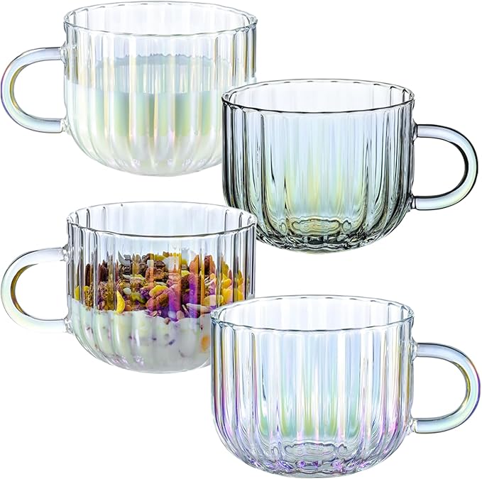 4pcs Vintage Iridescent Glass Coffee Mugs-Seamless Design, 15 Oz Ribbed Glass Mugs with Handle, Lead-Free Coffee Cups for Latte, Cereal, Yogurt, Hot/Cold Beverage, Coffee Lovers Gifts