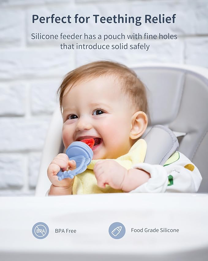 Silicone Baby Fruit Food Feeder (2 Pack) with Freezer Nibble Tray, Breastmilk Popsicle Molds for Baby Teething Relief, Silicone Feeder for Safe Infant Self Feeding, BPA Free, Dishwasher Safe, 3 Month+