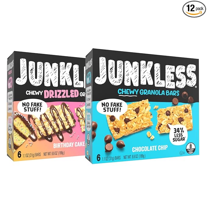 JUNKLESS Chewy Granola Bars Twin Pack – Chocolate Chip & Drizzled Birthday Cake (12 Bars)–Less Sugar, Non-GMO, Gluten-Free, Wholesome Snack Bars for Kids & Adults, 2 Boxes