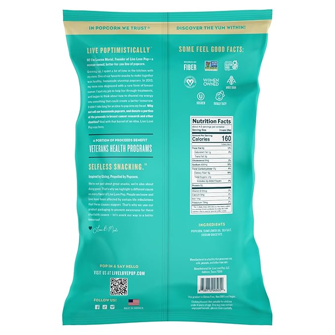 Live Love Pop Salt and Vinegar Flavored Gourmet Popcorn, 4.4 Oz (Pack of 6), Healthy Snack, Gluten Free, Vegan & Non-GMO, Mission Driven Munchies