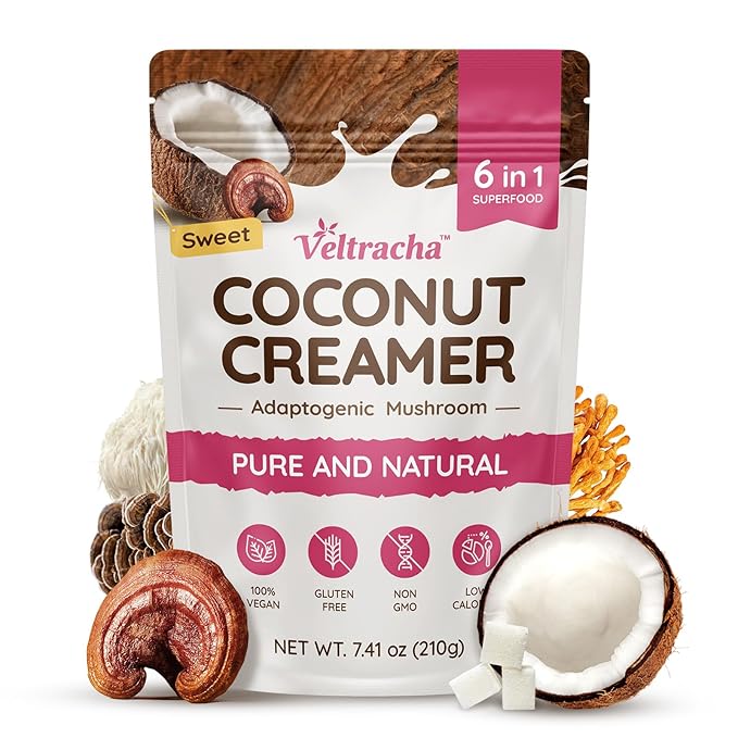 Veltracha Mushroom Coffee Creamer, Superfood Coconut Creamer Powder with 6 Adaptogenic Mushrooms - Reishi, Turkey Tail, Lions Mane, Non-Dairy Coconut Powdered Creamer for Energy & Focus & Digestion, 30 Servings, Sweet