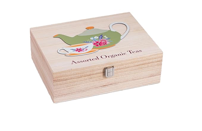 Mementa Inc Organic Wooden Tea Chest - 60 Tea Bags Individually Wrapped : Assorted Tea Variety Pack containing Black, Green, and Herbal caffeine-free teas : Tea Sampler Tea Set