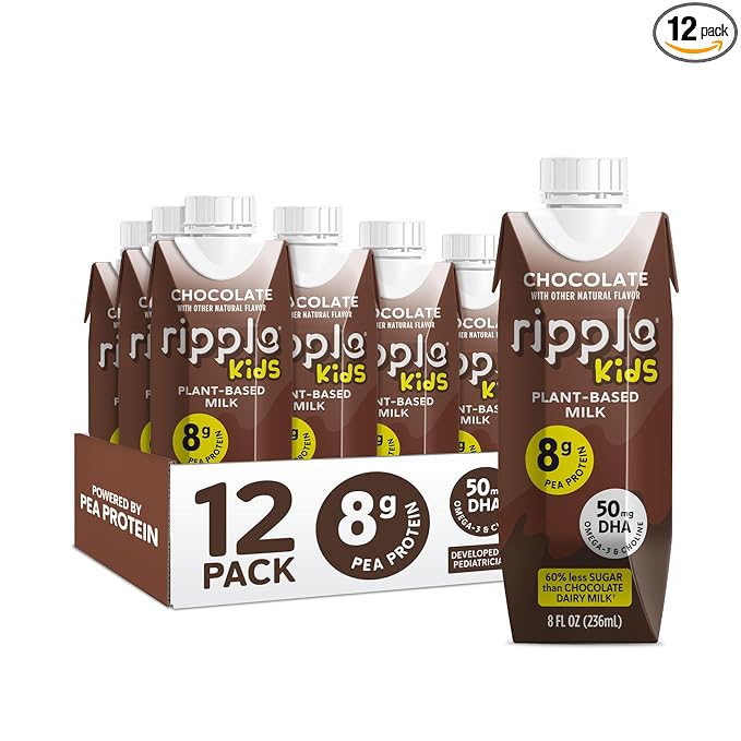Ripple Kids Chocolate Plant Based Milk | Pediatrician Reccommended | 8g Pea Protein | Shelf Stable | Vegan & Non GMO Certififed | Dairy, Soy, Nut, Gluten, and Lactose Free | 8 Fl Oz (Pack of 12)
