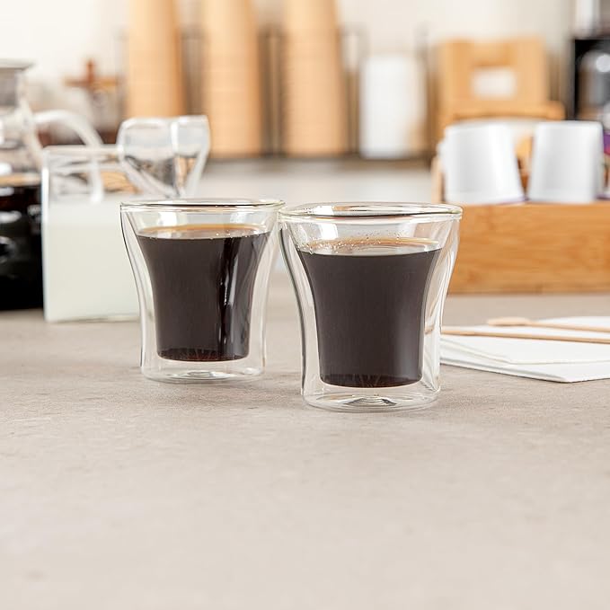 Restaurantware-Forma Professional 3.4 oz Double Wall Shot Glasses, 2 Insulated Espresso Cups - Dishwashable, Reusable, Clear Glass Coffee Cups, Freezable, For Hot Or Cold Beverages
