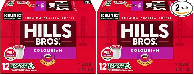 Hills Bros. Colombian Blend Keurig K-Cup Pods for Keurig Brewers – Medium Roast Premium Arabica Blend, Kosher – 2 Pack of 12 Single Serve Pods