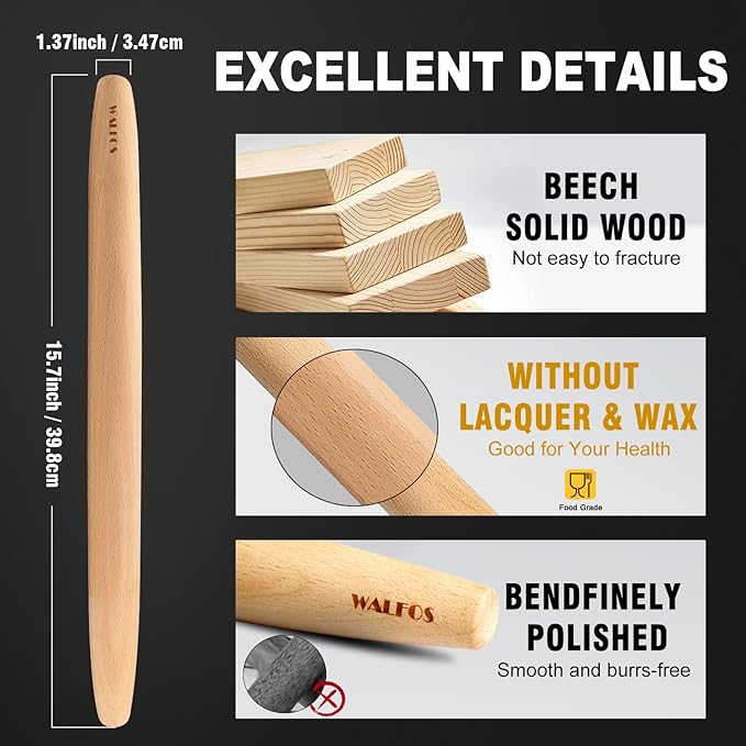 WALFOS French Rolling Pin and Silicone Baking Mat Set, Non-Stick Beech Wood Rolling Pin 15.7 Inch and Pastry Mat for Best Pie Crust, Cookie, Pasta and Pizza Dough