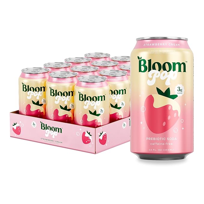 Bloom Pop Prebiotic Soda 12 Pack, Strawberry Cream Flavor, 12oz Cans | Prebiotic Soda for Gut Health, Low Calorie Soda, No Caffeine, Healthy Soft Drink Alternative