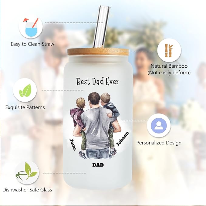 Mason Life Personalized Glass Cup with Name-Can Shaped Glass with Lids and Straws-18OZ Iced Coffee Cups (DAD)