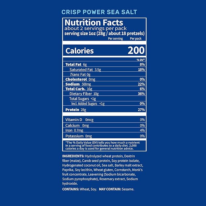 Crisp Power Protein Pretzels, Sea Salt, High Protein Vegan Keto Snack, 28 G Plant Based Protein, Low Carb Crunchy Pretzel Snacks, No Added Sugar, No Seed Oils, 1.75 oz Bags, 24 Pack