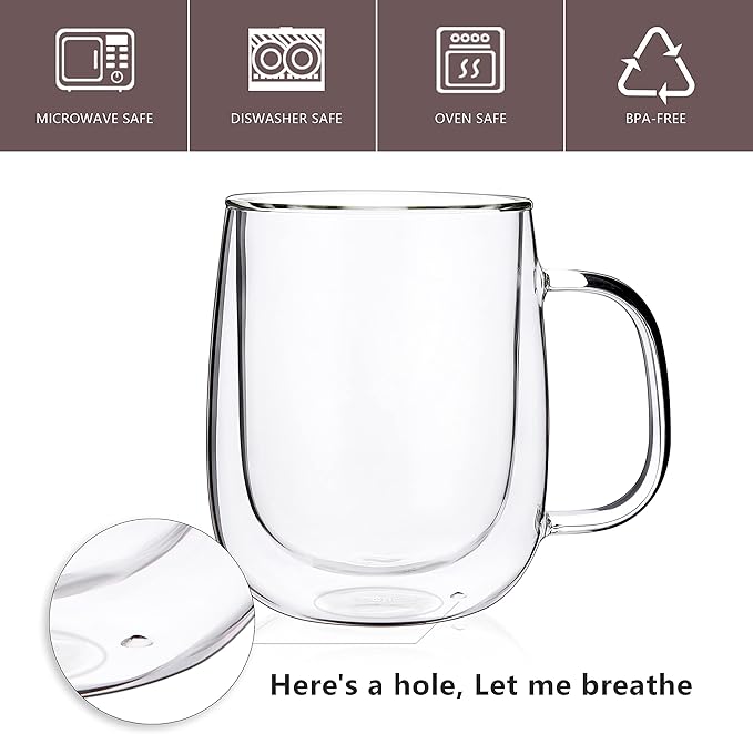CNGLASS Large Double Wall Glass Coffee Mug 15.2oz,Clear Insulated Glass Espresso Cup with Big Handle,Clear Glass Espresso Mugs for Latte,Cappuccino,Tea Bag,Hot and Cold Beverages,set of 4
