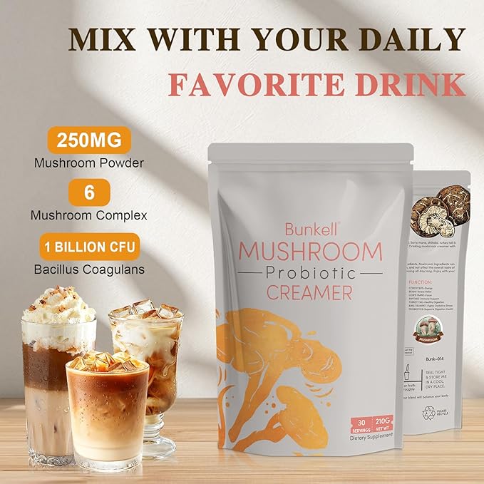 Bunkell Mushroom Coffee Creamer, Adaptogenic 6 Mushrooms with Lion's Mane, Reishi, Cordyceps, Shiitake, King Trumpet, Turkey Tail, Probiotics Creamer for Energy, Focus & Digestion Support, 30 Servings