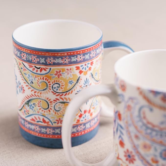 Maison d' Hermine Coffee Mug with Handles Fine Bone China Mugs Pack of One Tea Cups for Hot Beverages Cappuccino Latte Home Restaurant Office Perfect for Gift (Indian Floral - Butta, 12 Ounce)