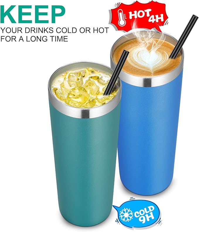 VEGOND Stainless Steel Tumblers Bulk 6 Pack, 20 oz Vacuum Insulated Skinny Tumblers with Lid and Straw, Double Wall Coffee Mug, Travel Water Cup, Dark Green