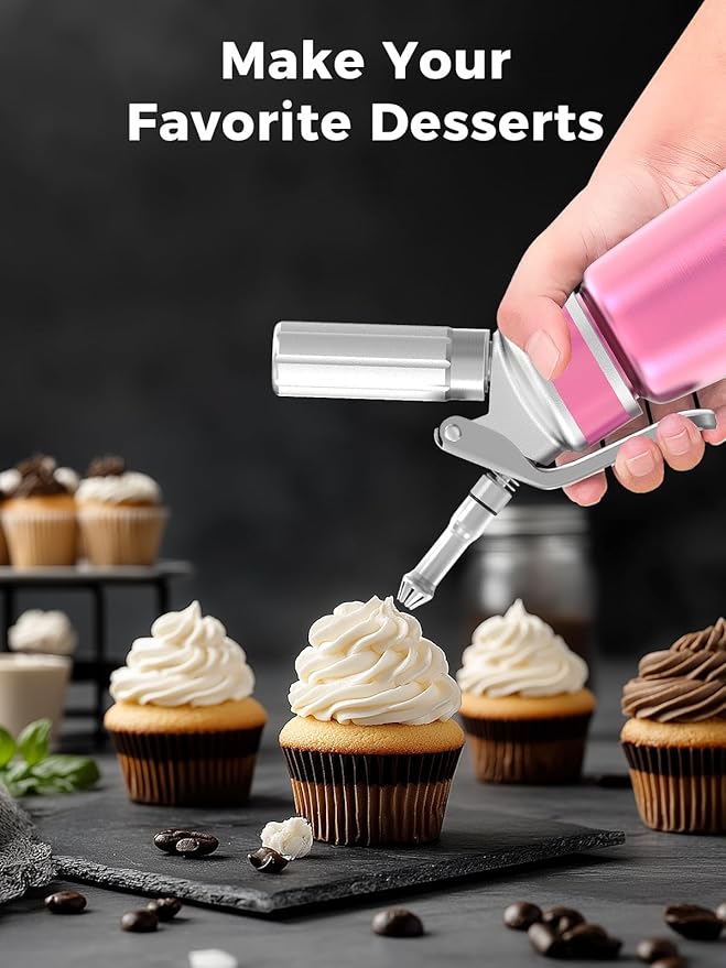 Whipped Cream Dispenser,Aluminum Cream Whipper 500mL/1 Pint,3 Decorating Nozzles,1 Brush, 1 Storage Bag,Homemade Whipped Cream Maker,Pink