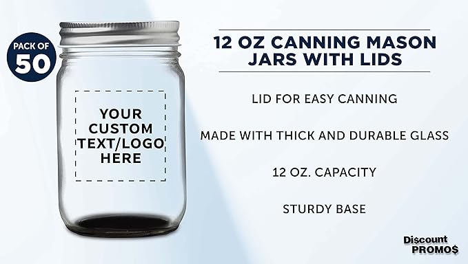 DISCOUNT PROMOS 50 Decorating Mason Jars Set, 12 oz. - Customizable Text, Logo - Canning, Aluminum Lid - Black