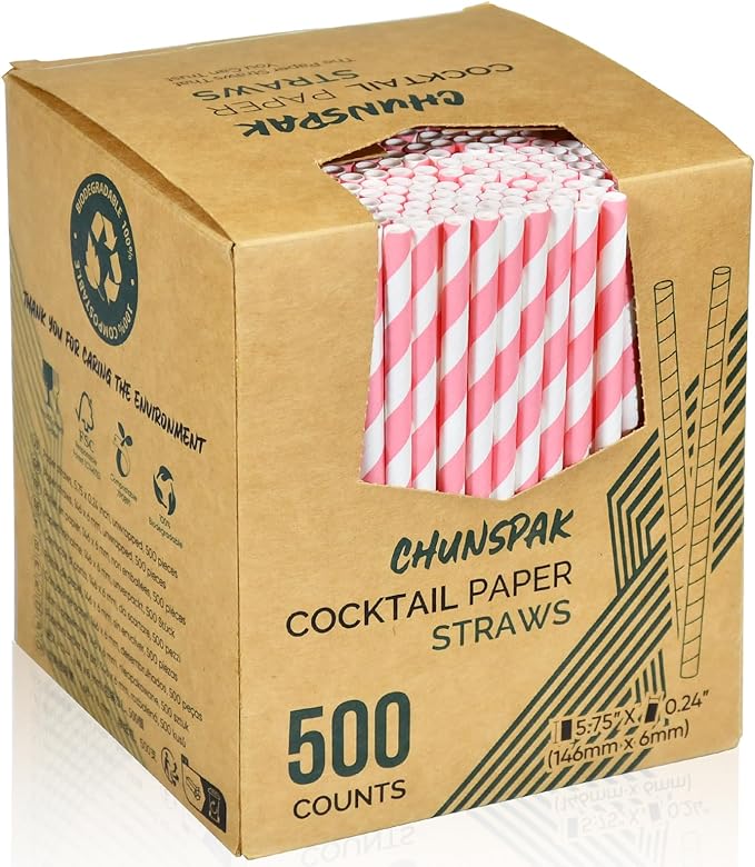 5.75 inch Short Pink Paper Straws 500 Counts, for Cocktail, Mixed Drinks, Cake Pops, Bars, Restaurants - Disposable, Compostable
