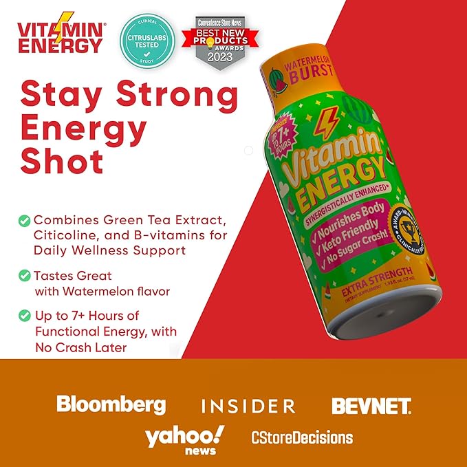 Vitamin Energy Immune+ Extra Strength Energy Shot Watermelon Burst 48 Pack, 260mg Natural Caffeine, B-Vitamins, Citicoline, Green Tea, Immunity & Focus Support, Zero Sugar, Gluten-Free 1.93 fl oz