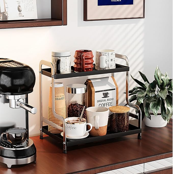 KISKIS Coffee Mug Cup Holder Space Saving 2-Tier Sturdy Stable Metal Storage Shelf, Prevent Falling Scratch Resistant Kitchen Rack Office Bathroom Desktop Organizer,Black+sliver
