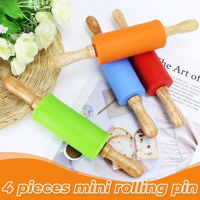 4 Pack Mini Rolling Pin for Kids, 9 Inch Wooden Handle Rolling Pin Non-Stick Silicone Rolling Pins for Children Cake Baking