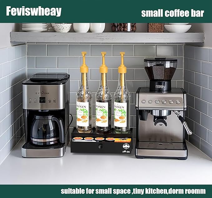Coffee Syrup Rack Organizer,Syrup Bottle Holder Stand with K Cup Pod Drawer Storage.3 Bottles Storage Shelves for Syrup,Wine,Compact Design for Coffee Bar and Small Spaces