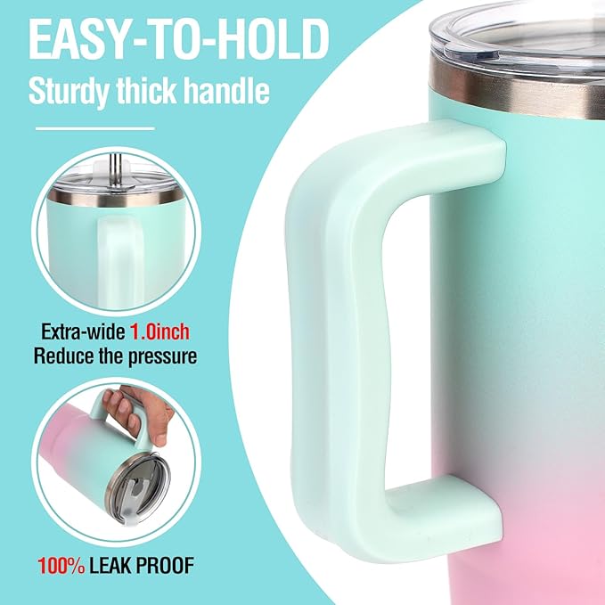 Zukro 24 oz Ceramic Lined Insulated Tumbler with Handle and Straw, No Metal Taste or Smell, Travel Coffee Mug with Spillproof Lids, No Sweat Stainless Steel Cup, Dishwasher Safe