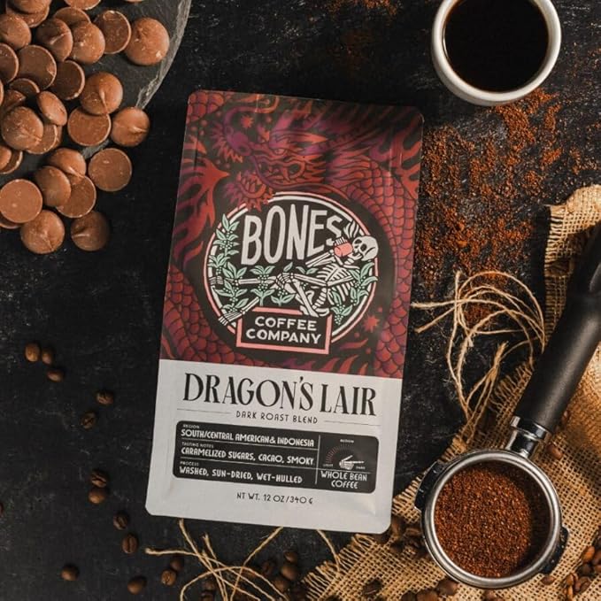 Bones Coffee Company Dragon's Lair, Smokey, Cacao and Caramelized Sugar Notes, Unflavored Coffee, Medium Roast Low Acid Arabica Beans Compatible with Auto drip and French Press Coffee Maker, 12 Oz Whole Bean