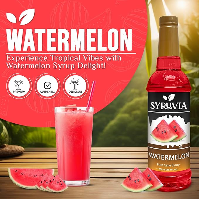 Syruvia Watermelon Syrup (25.4 fl oz) - Refreshing Watermelon Flavor in Every Drop – Kosher, Gluten-Free, Perfect for Elevating Your Culinary and Beverage Adventures