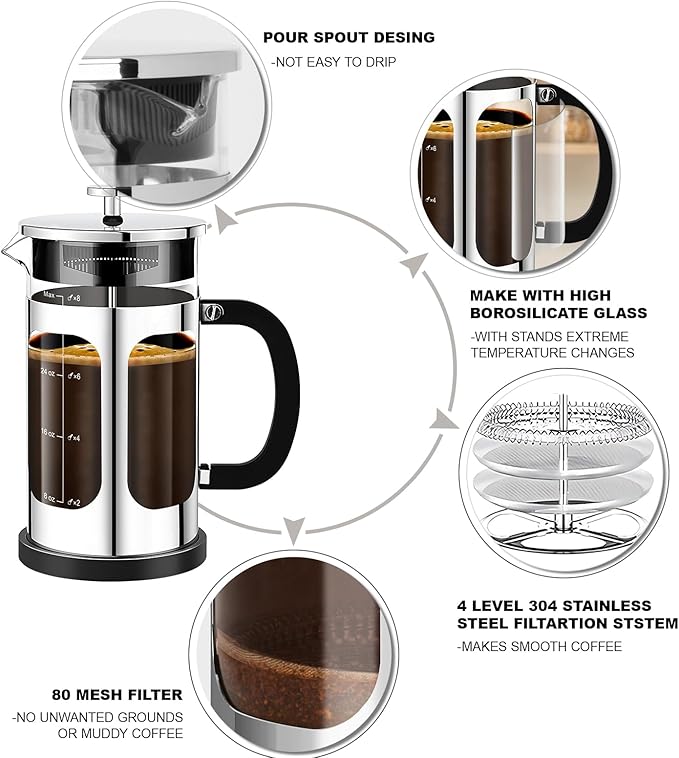 French Press Coffee Maker (34oz 1Quart 5-6Cup) Coffee Press, with 4 Filters System, Heat Resistant Thickness Borosilicate Glass, Cold Brew Coffee Tea Pot Gifts (Silvery)