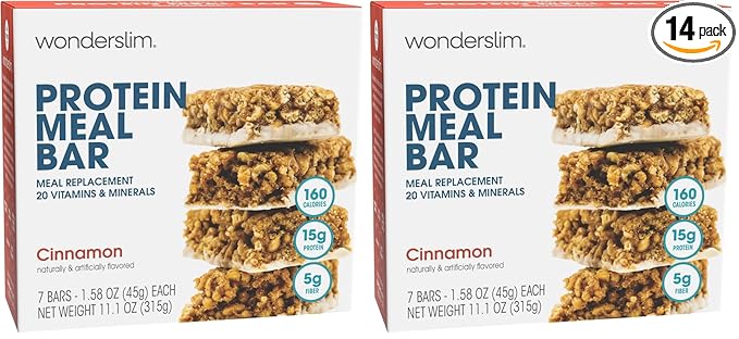 WonderSlim Meal Replacement Protein Bar, Cinnamon, 15g Protein, 20 Vitamins & Minerals, Gluten Free (7ct) (Pack of 2)