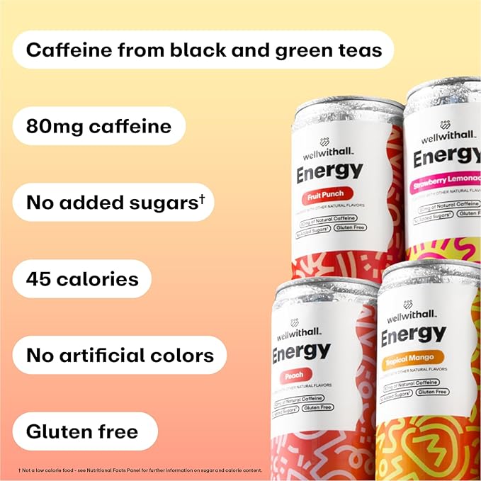 WellWithAll Energy Drink - Natural Caffeine from Tea - Healthy Energy Drink - Lightly Sparkling - Blend of Fruit and Veggie Juices - 12 Oz (Pack of 12) (12 Fl Oz (Pack of 12), Fruit Punch, Tropical Mango, Peach, and Strawberry Lemonade Variety Pack)