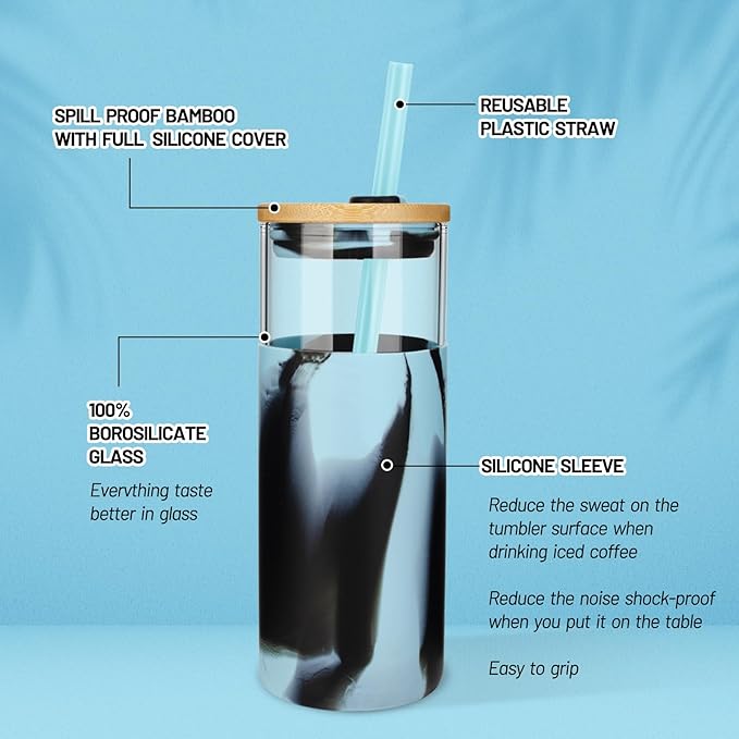 Tronco 20 oz Glass Tumbler with Straw and Bamboo Lid, Iced Coffee Cup Reusable, Smoothie Cups, Tumbler with Silicone Protective Sleeve - BPA Free