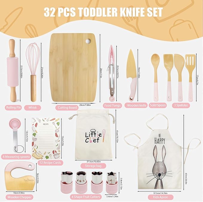 Wooden Cooking & Baking Set for Real Cooking, 32PCS Mini Knife Set Safe Montessori Kitchen Tools, Kitchen Knifes/Cutting Board/Apron with Storage Bag, Baking Utensils Christmas Gift for Little Chef