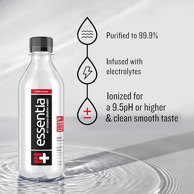 Essentia Water LLC; Ionized Alkaline Bottled Water; 99.9% Pure; 9.5 pH or Higher; Consistent Quality in Every BPA and Phthalate-Free Bottle; 12 Fl Oz (Pack of 12)