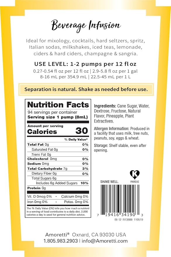 Amoretti - Pineapple Beverage Infusion - Drink Mix & Water Enhancer with Pump for Flavoring Cocktails, Waters, Teas, and other Beverages, Preservative Free