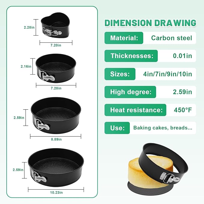 Springform Cake Pan Set,Non-Stick Springform Pans Set of 4 (4, 7, 9,10inches),Leak-Proof Round Cake Pans with Removable Bottom for Baking Cake Pie Pizza and Quiches (BlackX4)