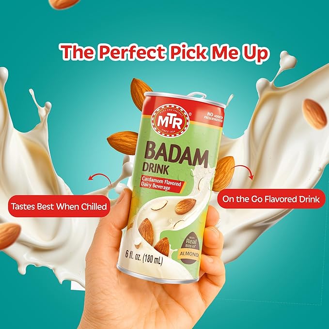 MTR Badam Drink - Cardamom Flavored, Ready-to-Drink - Authentic Indian Almond Milk Beverage, Real Bits of Almond, No Added Preservatives, Gluten-Free, Refreshing Drink, Perfect for Anytime Refreshment, Pack of 6