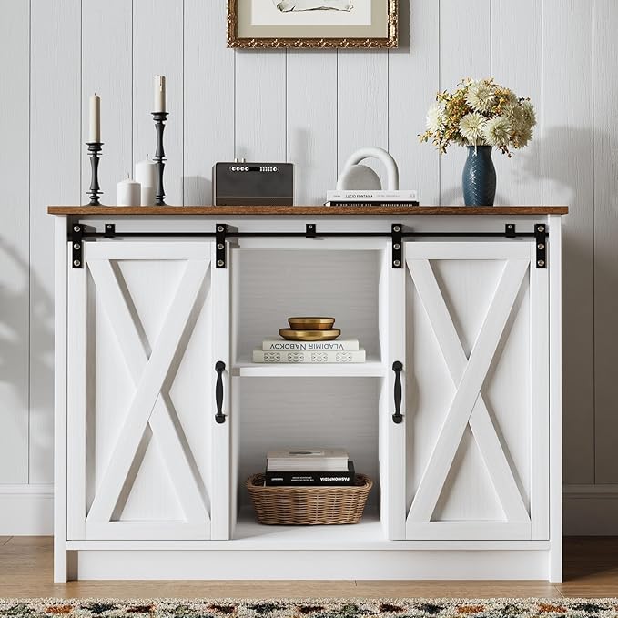 4 EVER WINNER Coffee Bar Cabinet with Sliding Barn Doors, 42”Farmhouse Buffet Cabinet with Storage for Kitchen, Coffee Bar with Adjustable Shelf for Dining Room, White